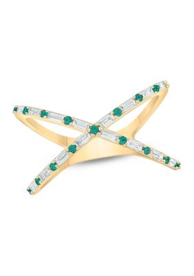 Belk & Co 1/6 ct. t.w. Diamond and 1/3 ct. t.w. Natural Emerald Cris Cross Anniversary Ring In 14K Yellow Gold