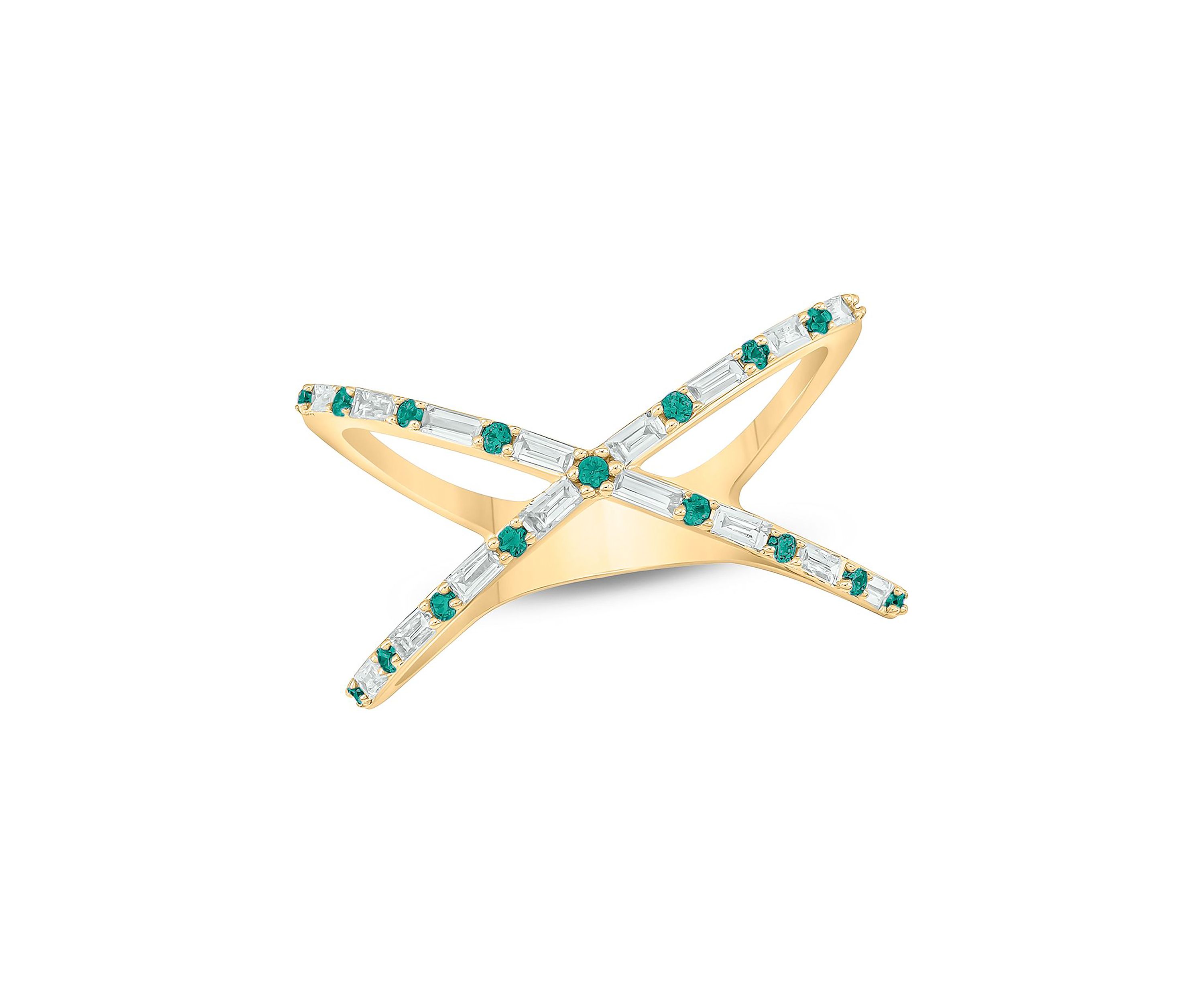 1/6 ct. t.w. Diamond and 1/3 ct. t.w. Natural Emerald Cris Cross Anniversary Ring In 14K Yellow Gold