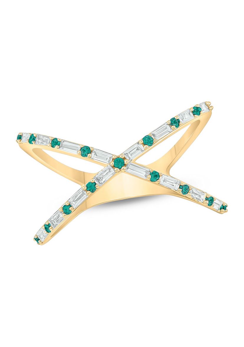 1/6 ct. t.w. Diamond and 1/3 ct. t.w. Natural Emerald Cris Cross Anniversary Ring In 14K Yellow Gold
