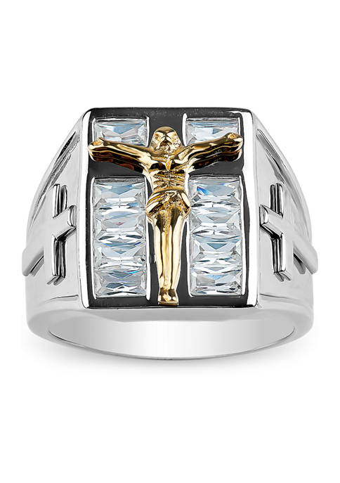 Sterling Silver Two Tone Crucifix with Cubic Zirconia Baguette Ring