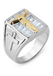 Sterling Silver Two Tone Crucifix with Cubic Zirconia Baguette Ring