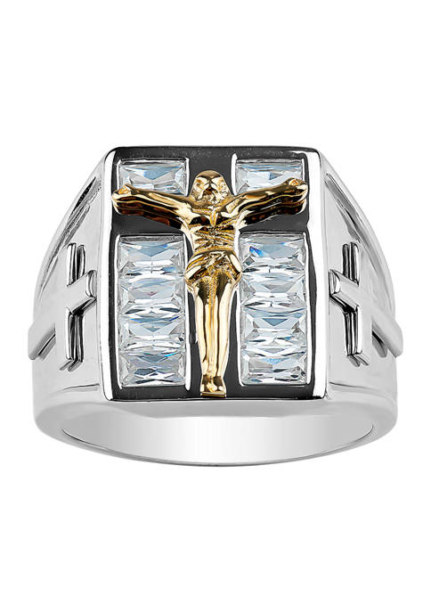 Stainless Steel Two Tone Crucifix with Crystal Baguette Ring