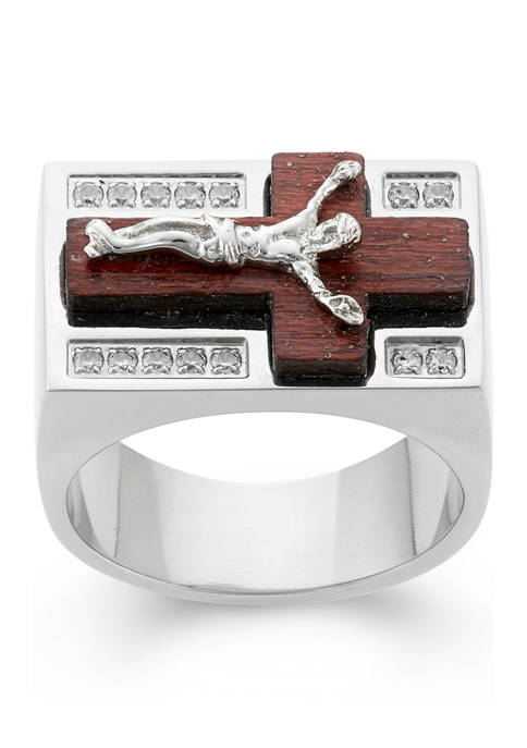 Stainless Steel Wood with Crucifix and Cubic Zirconia Rectangle Ring