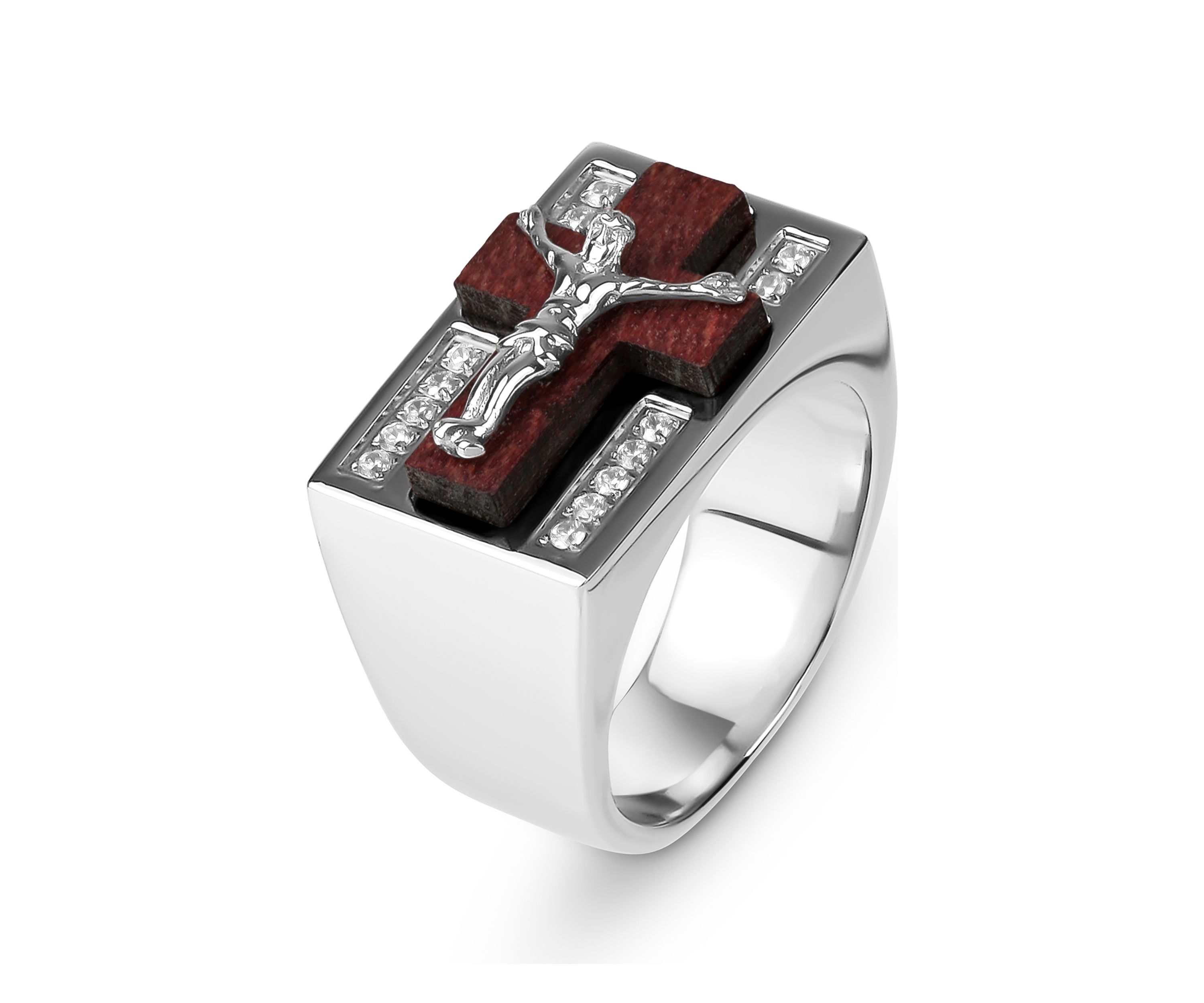 Stainless Steel Wood with Crucifix and Cubic Zirconia Rectangle Ring