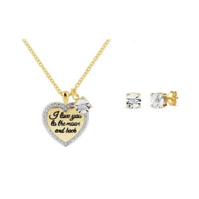 Forever New Diamond Accent I Love You to the Moon and Back Heart Necklace and Stud Earring Set in 14K Gold Plated Sterling Silver