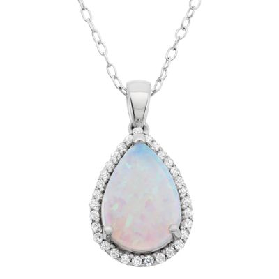 Forever New Lab Created Sterling Silver 12x8mm Pear Created Opal and White Topaz Pendant 18-Inch Necklace
