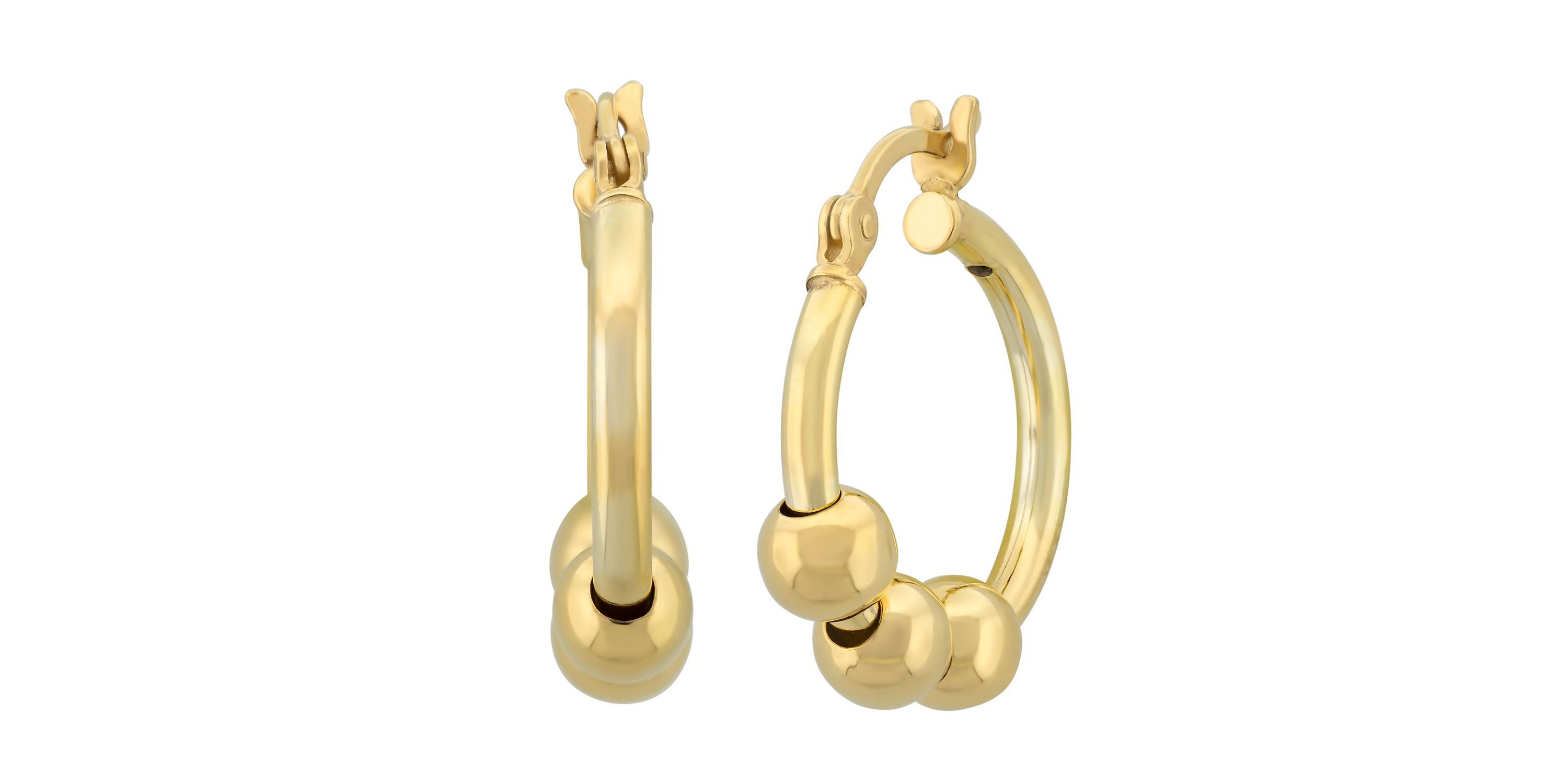 18K Yellow Gold Plated Sterling Silver Beaded 23x4.8mm Hoop Earrings
