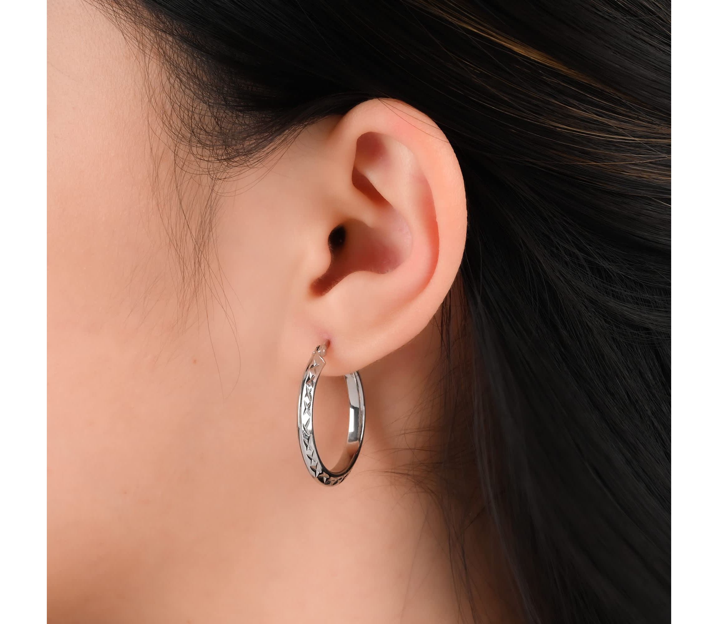 Sterling Silver 25x3mm Diamond Cut Knife Edge Hoop Earrings