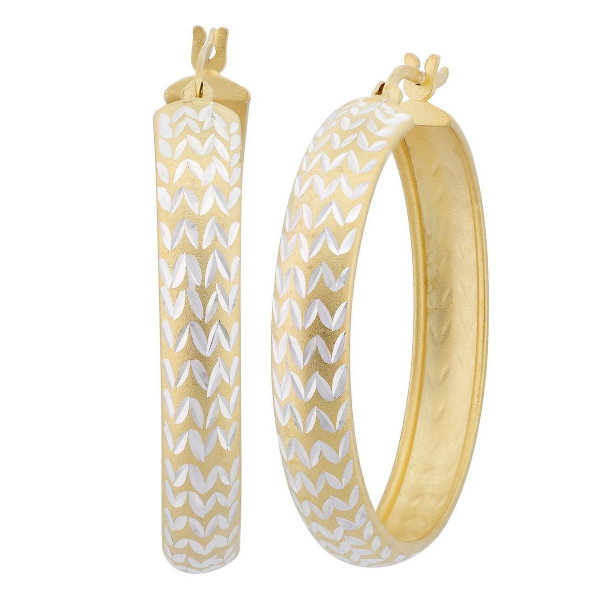 18K Gold Plated Sterling Silver Two Tone Diamond Cut 35x6mm Chevron Flex Hoop Earrings
