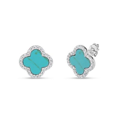 Forever New Lab Created Sterling Silver Turquoise and Cubic Zirconia 13mm Flower Stud Earrings