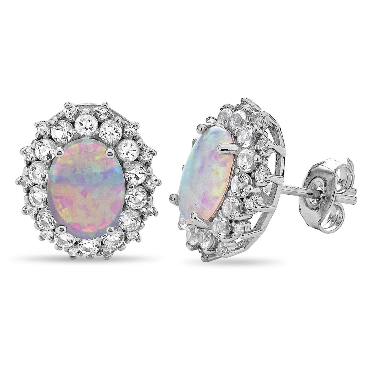 Lab Created Sterling Silver 8x6mm Oval Created Opal and White Topaz Stud Earrings
