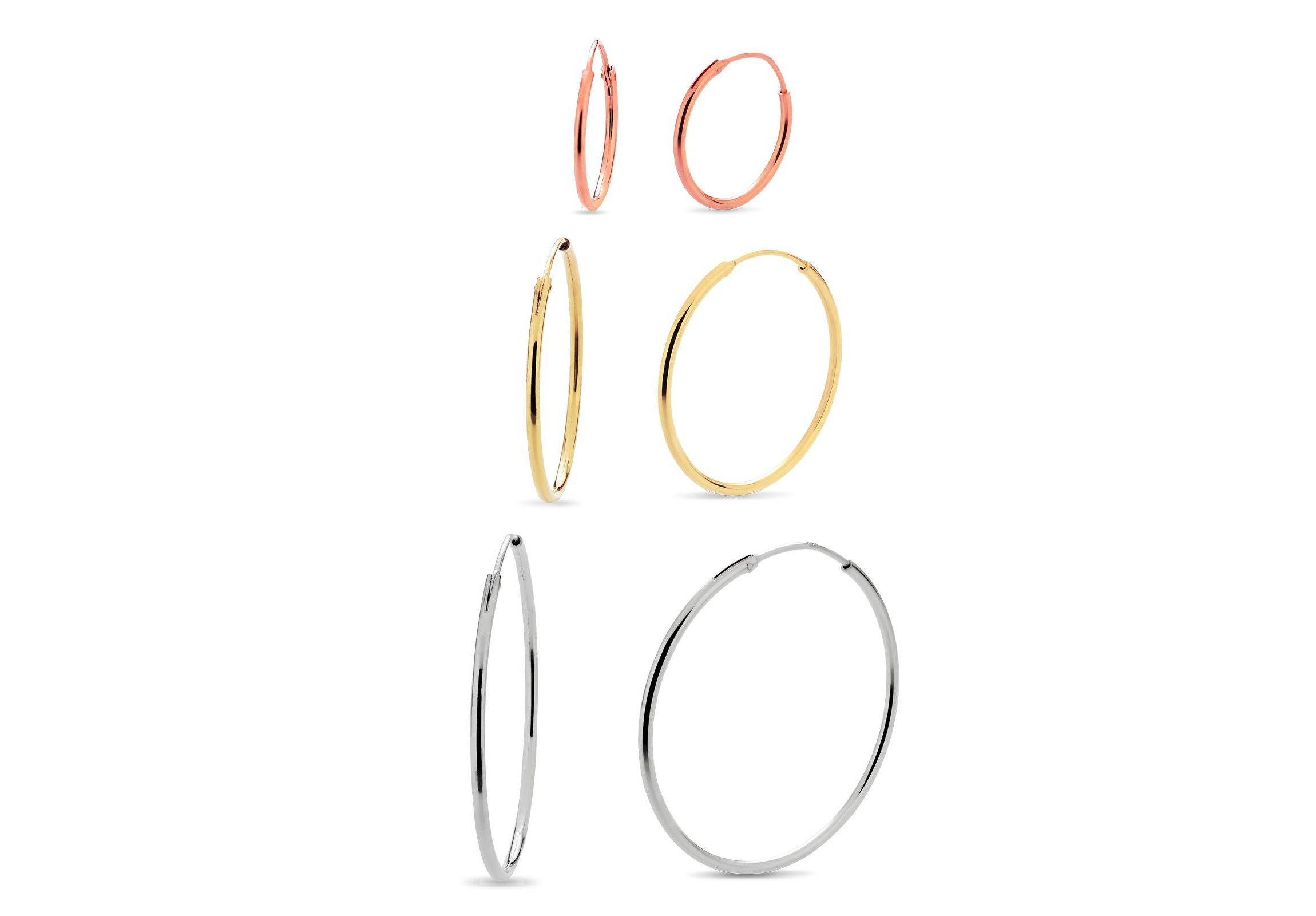 Sterling Silver Tricolor 30mm, 24mm, 16mm Endless 3 Pair Hoop Earring Set