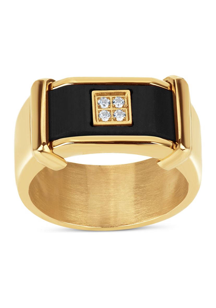 Stainless Steel Gold Ion Plated Carbon Fiber with Cubic Zirconia Square Ring