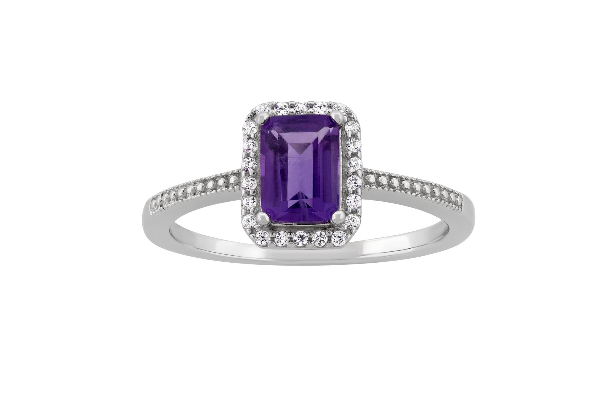 Sterling Silver 7x5mm Princess Cut Amethyst and Cubic Zirconia Ring, Size 9