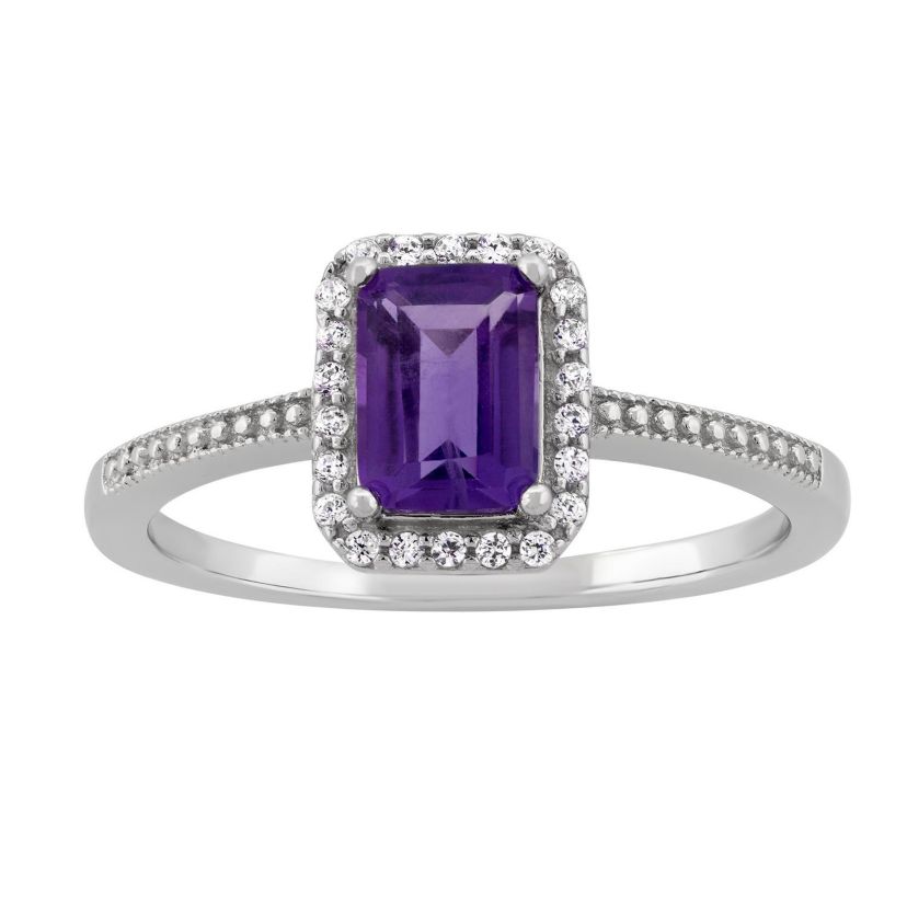 Sterling Silver 7x5mm Princess Cut Amethyst and Cubic Zirconia Ring, Size 9