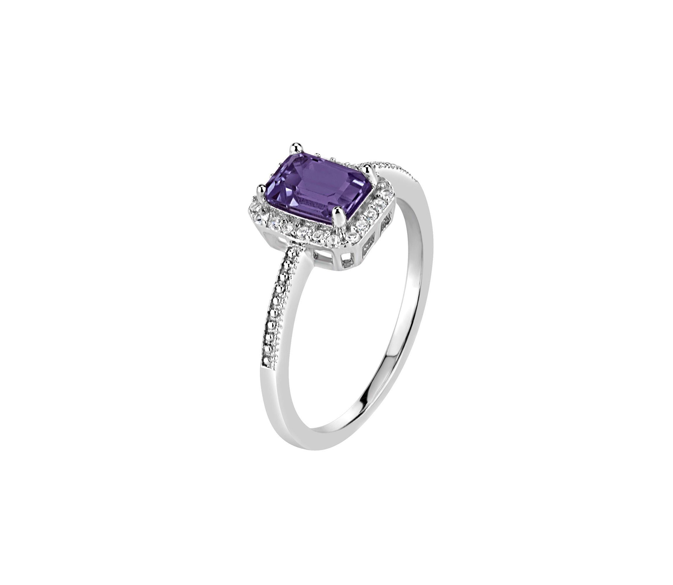 Sterling Silver 7x5mm Princess Cut Amethyst and Cubic Zirconia Ring, Size 9