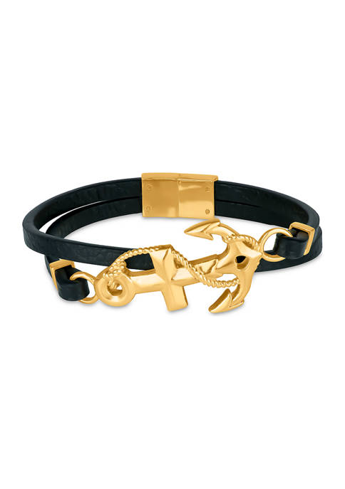 Gold Ion Plated Stainless Steel Anchor Cross with Double Leather Band 8.5 Inch Bracelet
