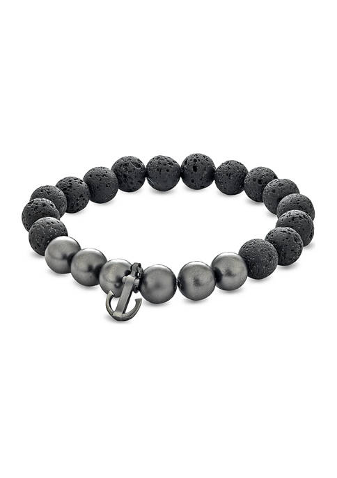 Black Lava Stone and Stainless Steel Anchor 8.5-Inch Stretch Bracelet