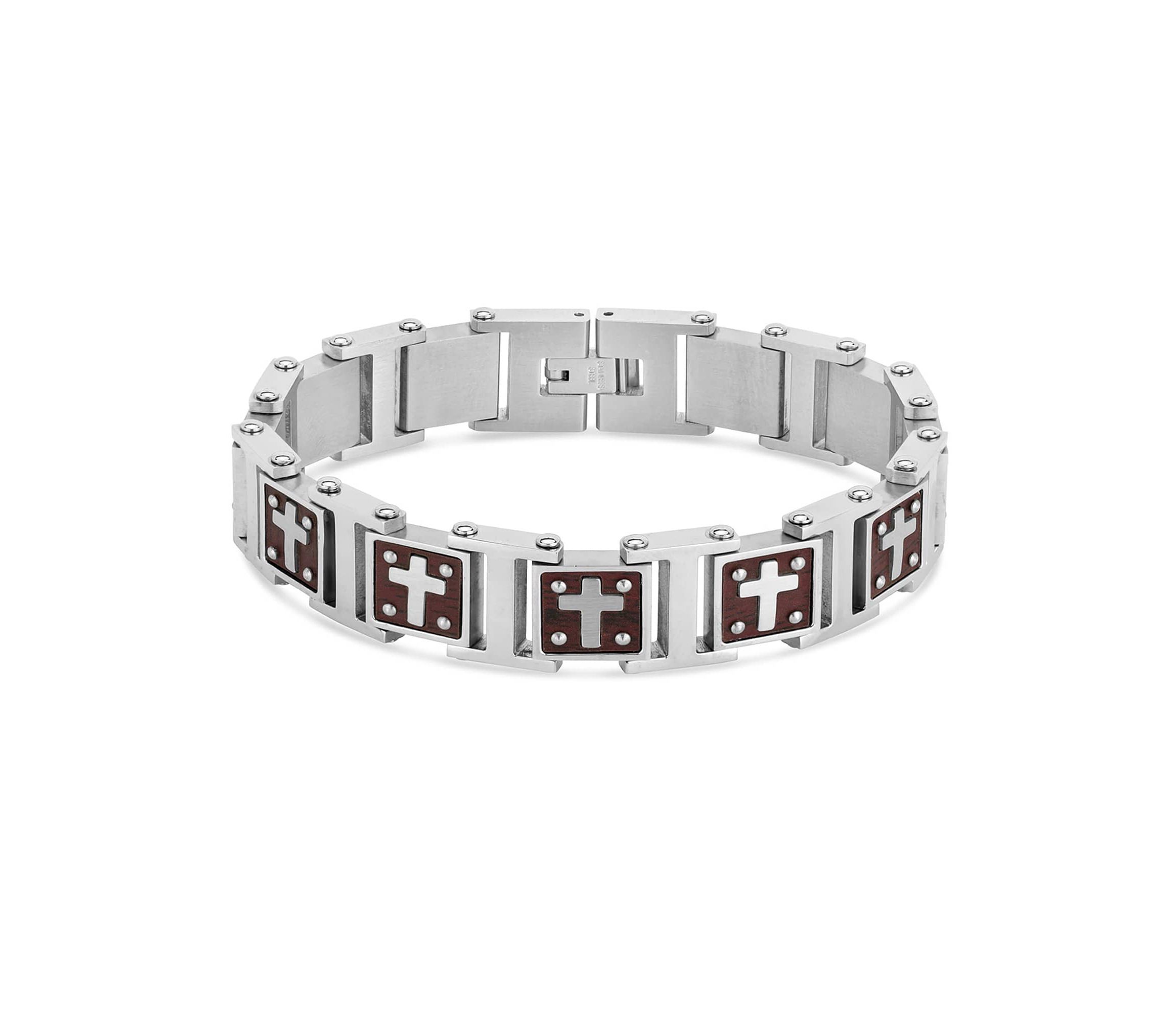 Stainless Steel Wood Cross Link 8.25-Inch Bracelet