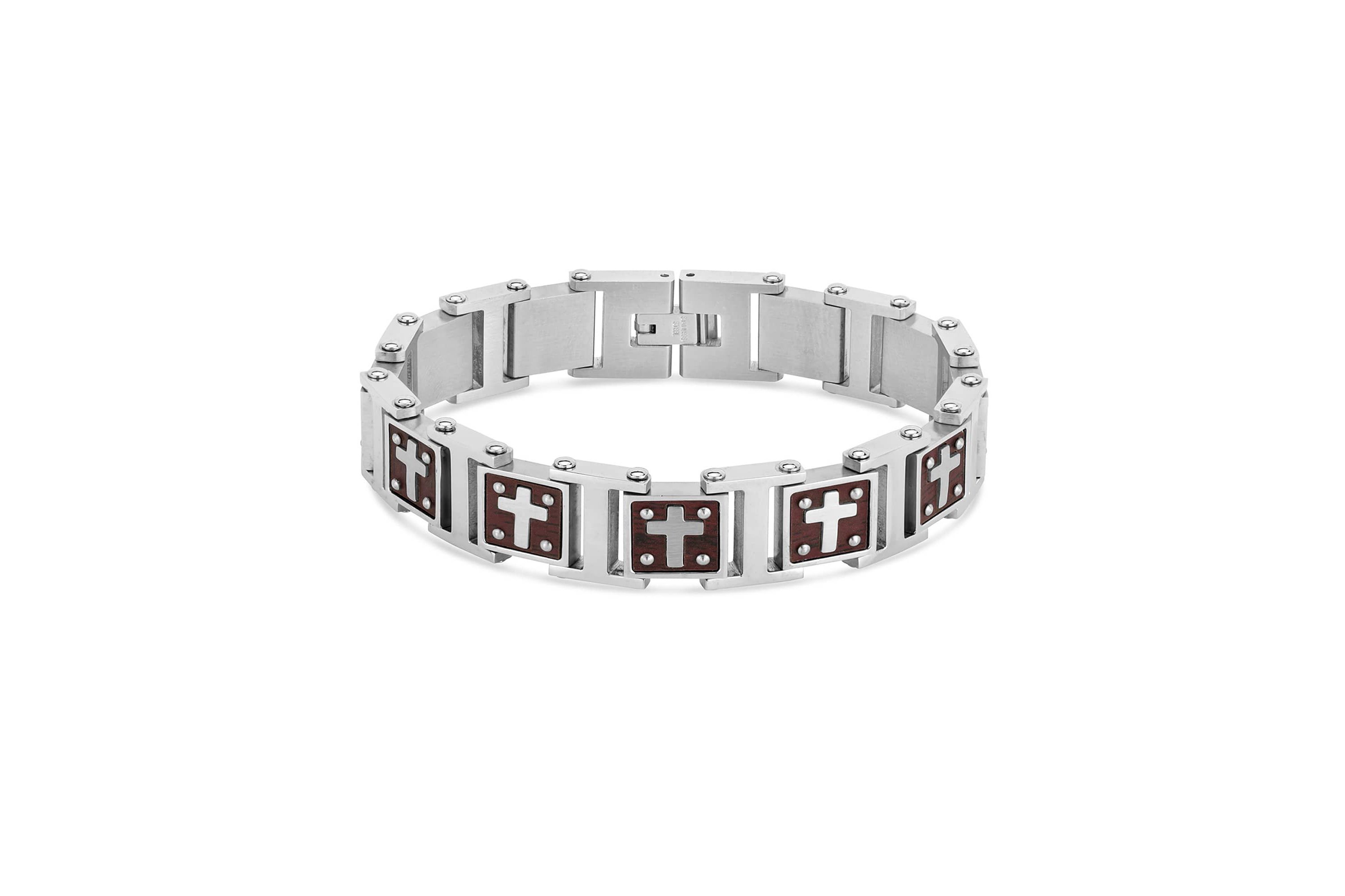 Stainless Steel Wood Cross Link 8.25-Inch Bracelet