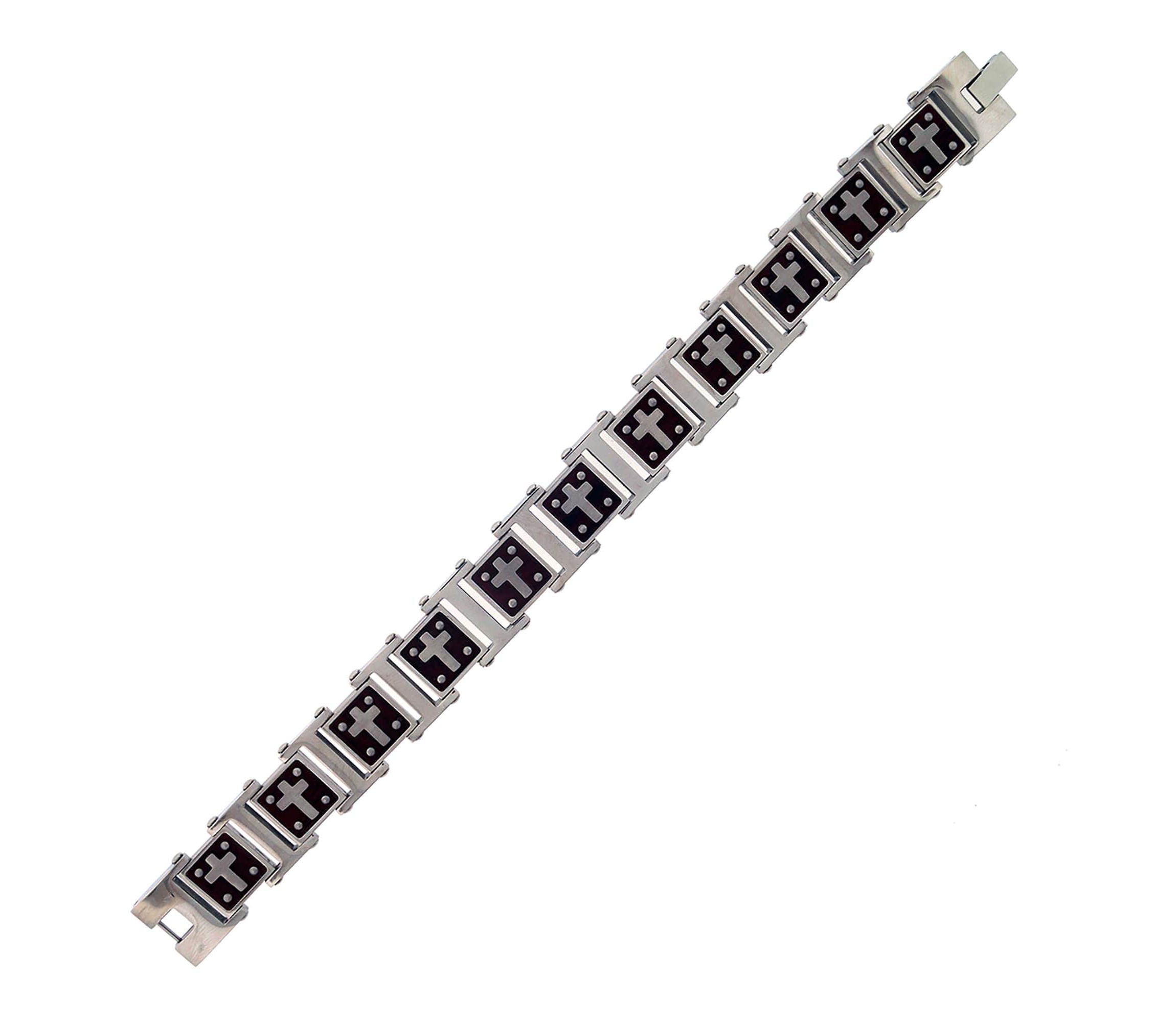 Stainless Steel Wood Cross Link 8.25-Inch Bracelet