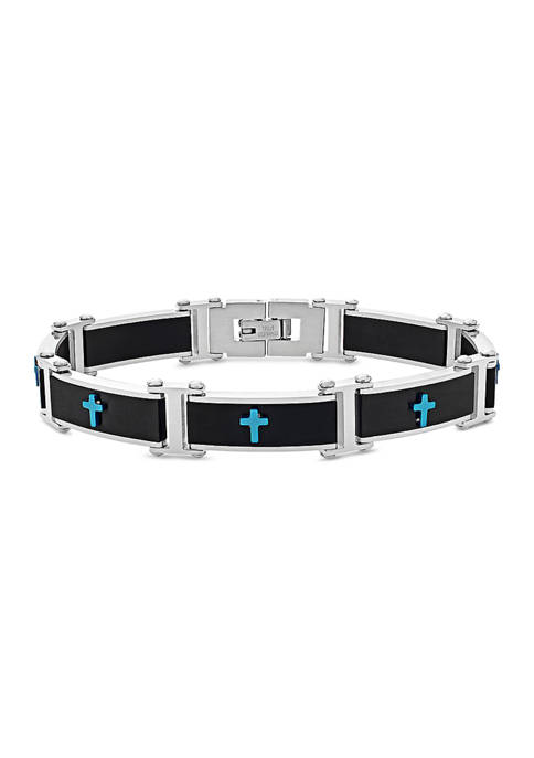 Stainless Steel Black Ion Plated Links with Blue Ion Plated Crosses 8-Inch Bracelet