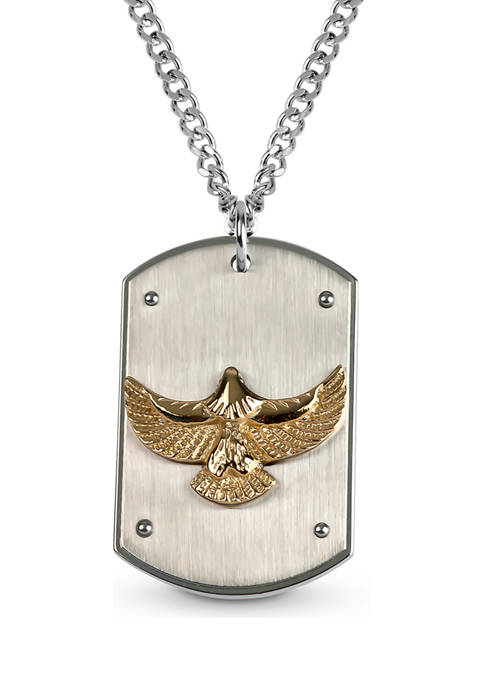 Stainless Steel Gold Ion Plated Eagle on Dog Tag Pendant 24-Inch Necklace