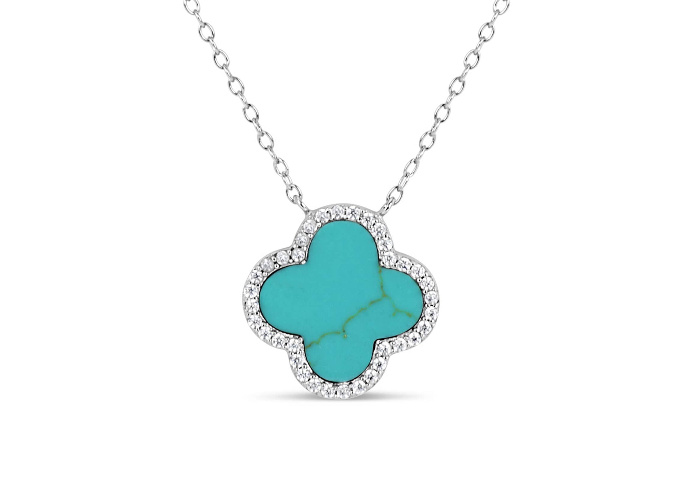 Lab Created Sterling Silver Turquoise and Cubic Zirconia 10mm Flower Pendant 16+2-Inch Necklace