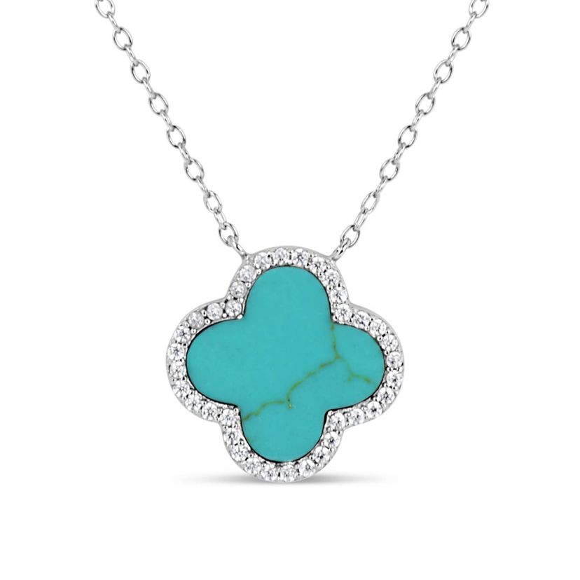 Lab Created Sterling Silver Turquoise and Cubic Zirconia 10mm Flower Pendant 16+2-Inch Necklace