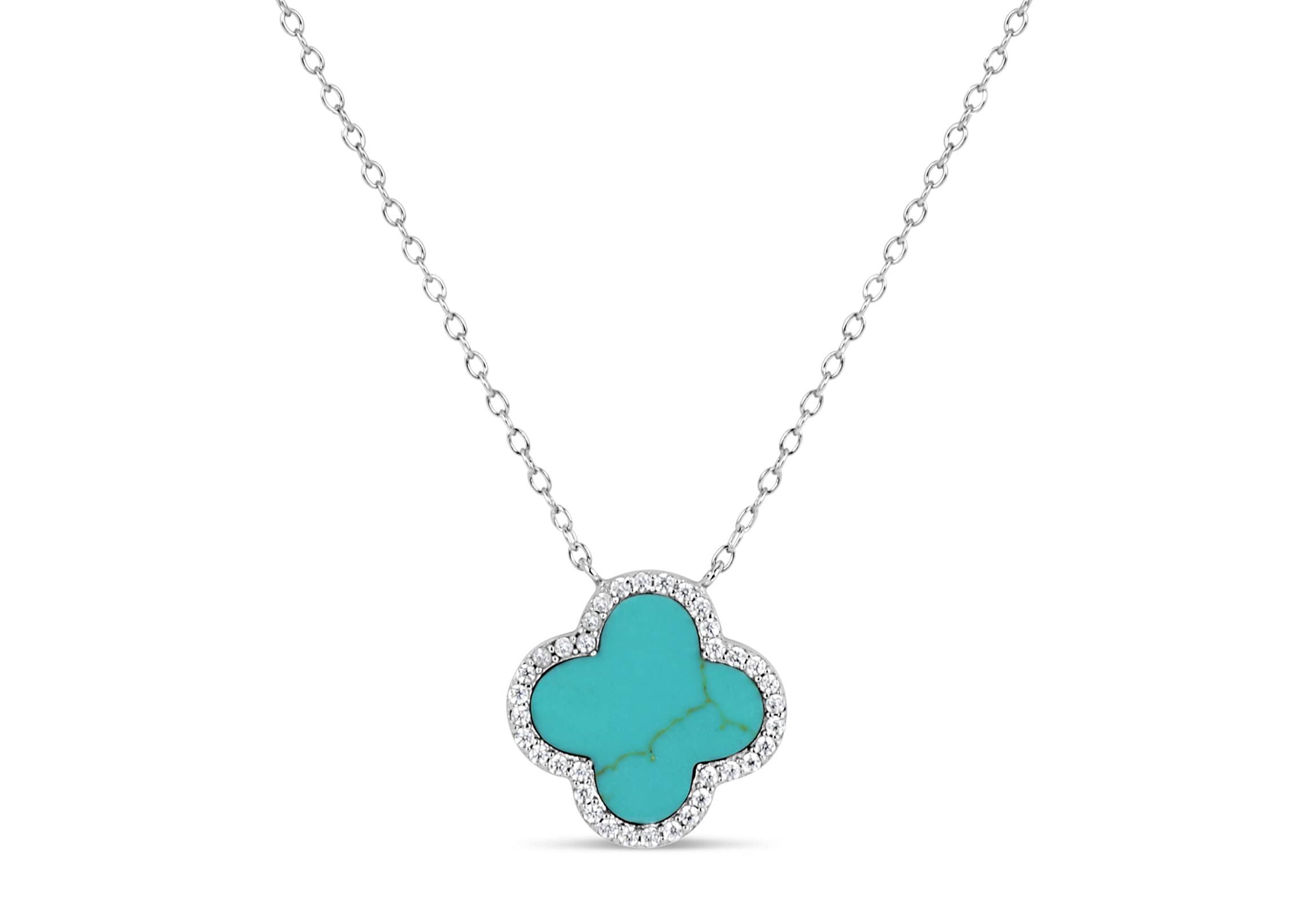 Lab Created Sterling Silver Turquoise and Cubic Zirconia 10mm Flower Pendant 16+2-Inch Necklace
