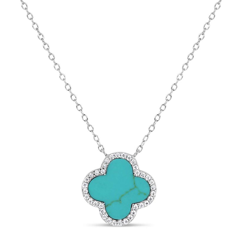 Lab Created Sterling Silver Turquoise and Cubic Zirconia 10mm Flower Pendant 16+2-Inch Necklace