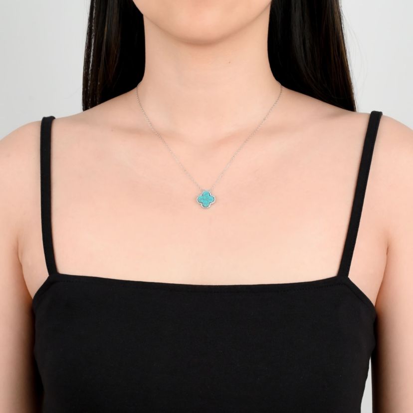 Lab Created Sterling Silver Turquoise and Cubic Zirconia 10mm Flower Pendant 16+2-Inch Necklace