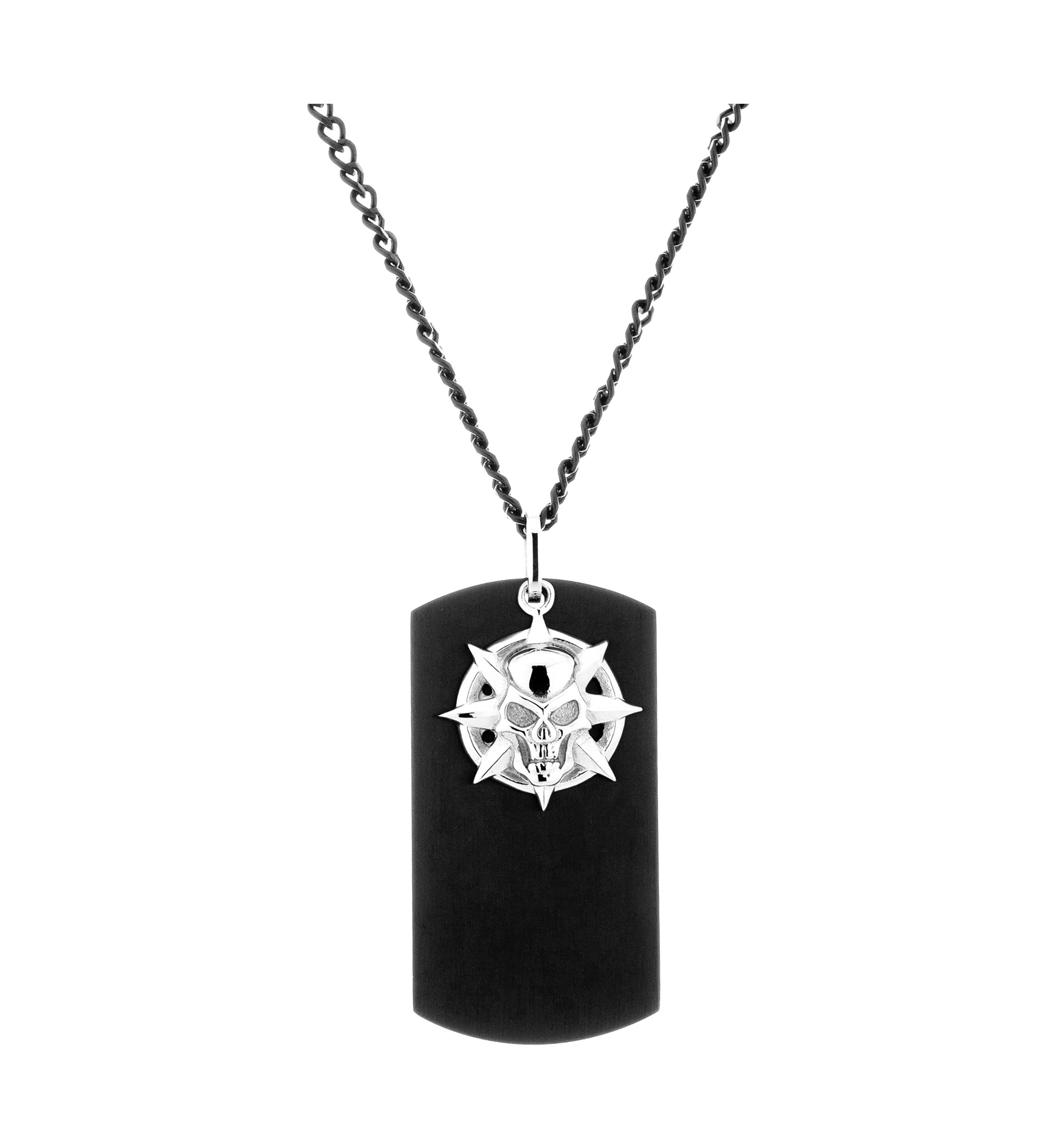 Stainless Steel Black Ion Plated Dog Tag and Skull Pendant Necklace