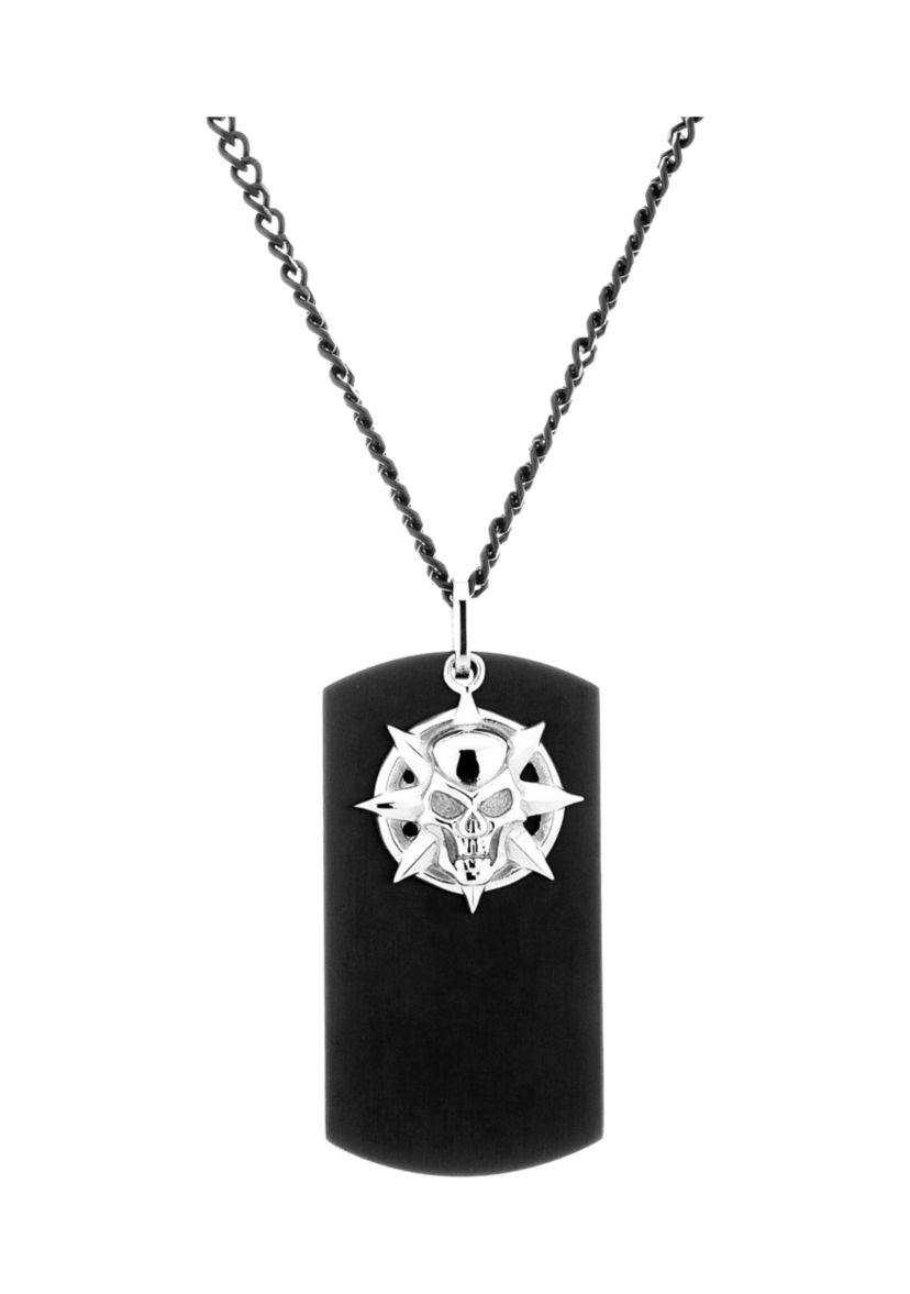 Stainless Steel Black Ion Plated Dog Tag and Skull Pendant Necklace