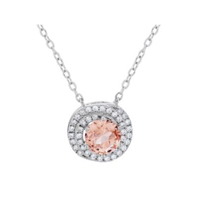 Forever New Lab Created Sterling Silver Morganite Peach Halo and Spiral White Cubic Zirconia Pendant 18-Inch Necklace