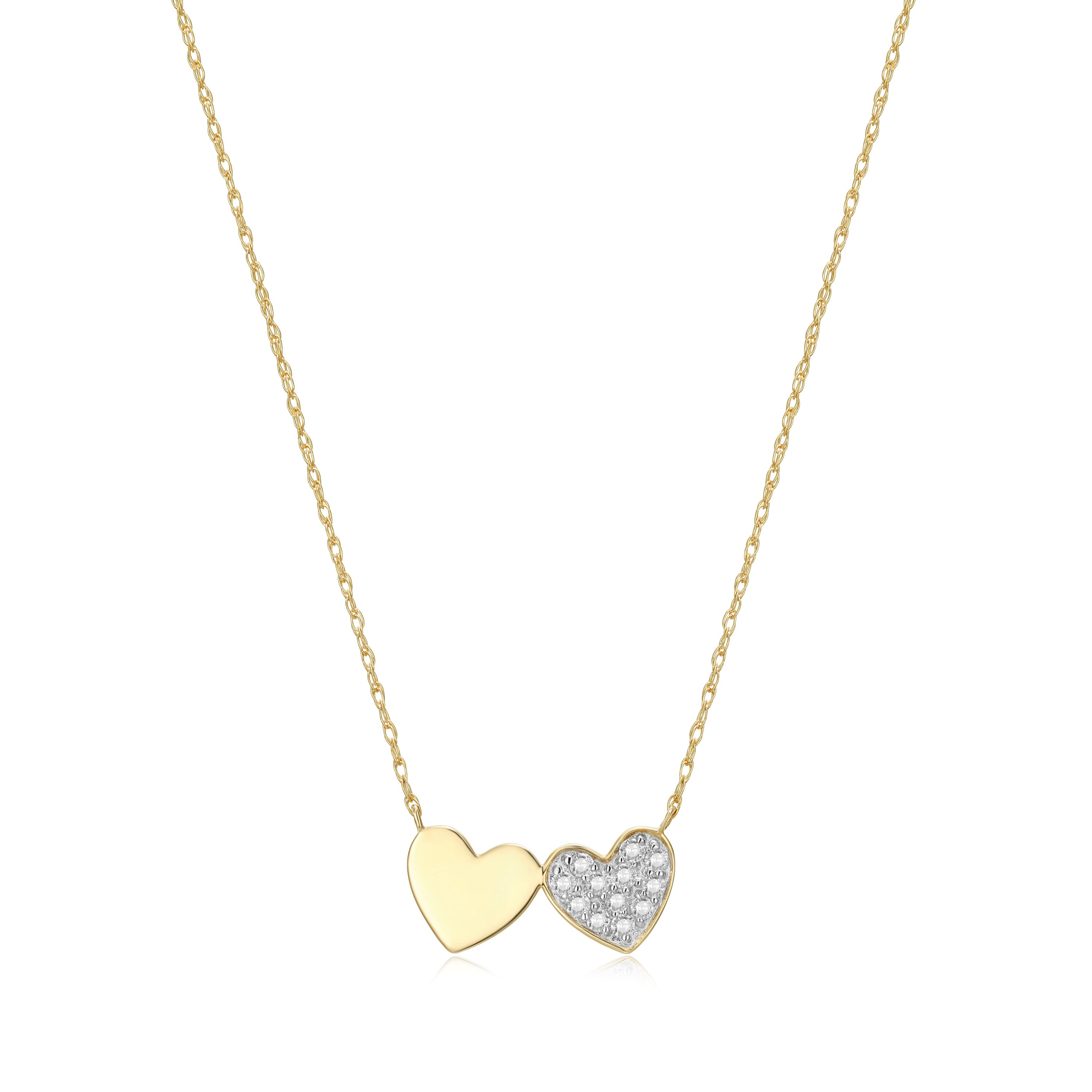 1/8 cttw Diamond Twin Heart Necklace in 14k Yellow Gold with 18" Rope Chain