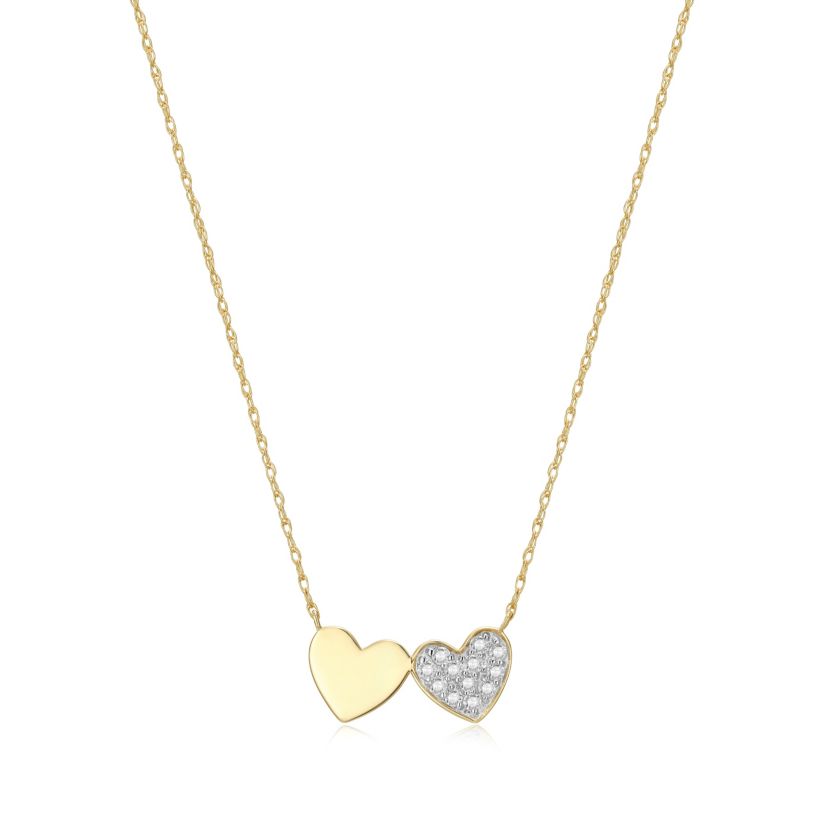 1/8 cttw Diamond Twin Heart Necklace in 14k Yellow Gold with 18" Rope Chain