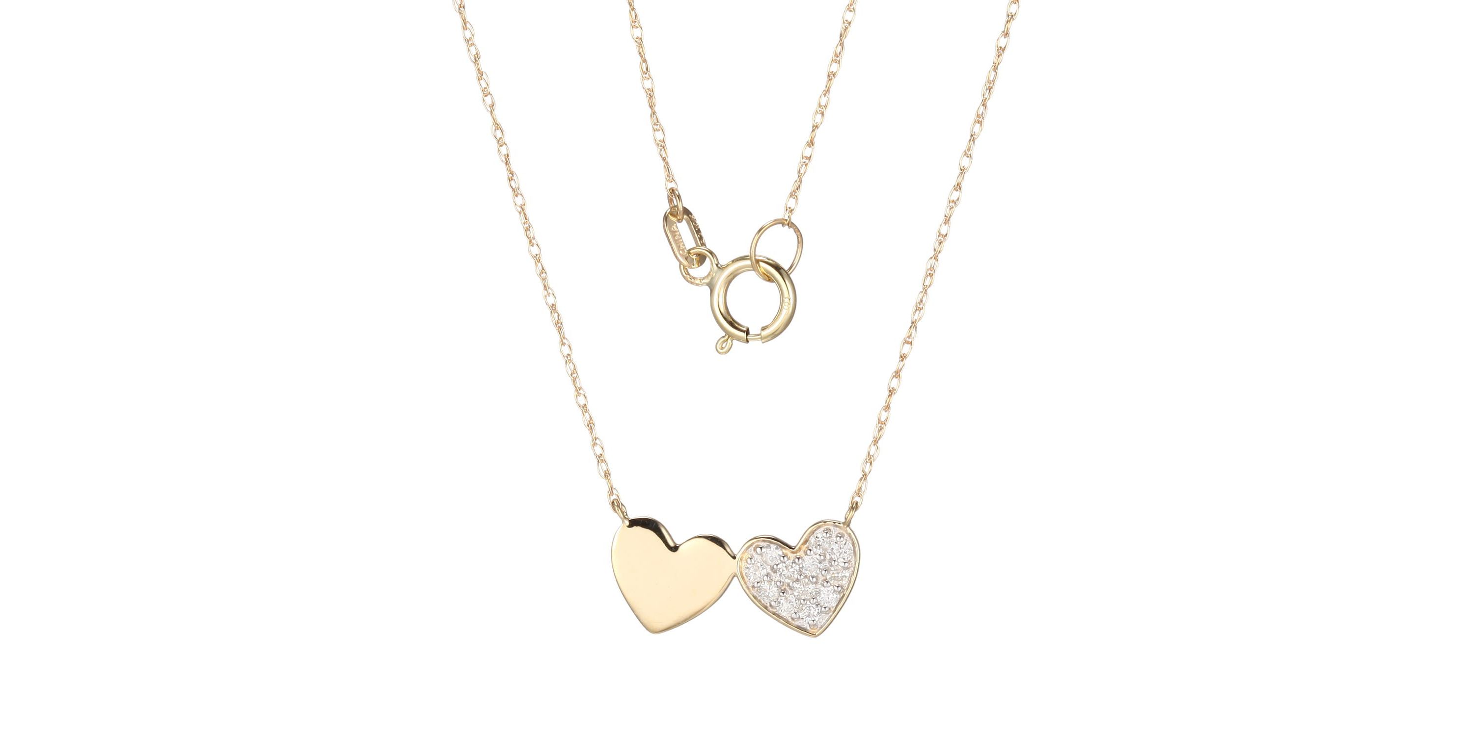 1/8 cttw Diamond Twin Heart Necklace in 14k Yellow Gold with 18" Rope Chain