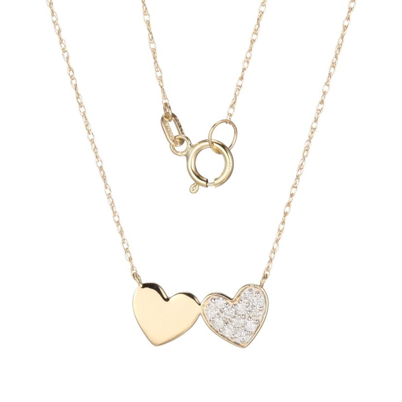 1/8 cttw Diamond Twin Heart Necklace in 14k Yellow Gold with 18" Rope Chain