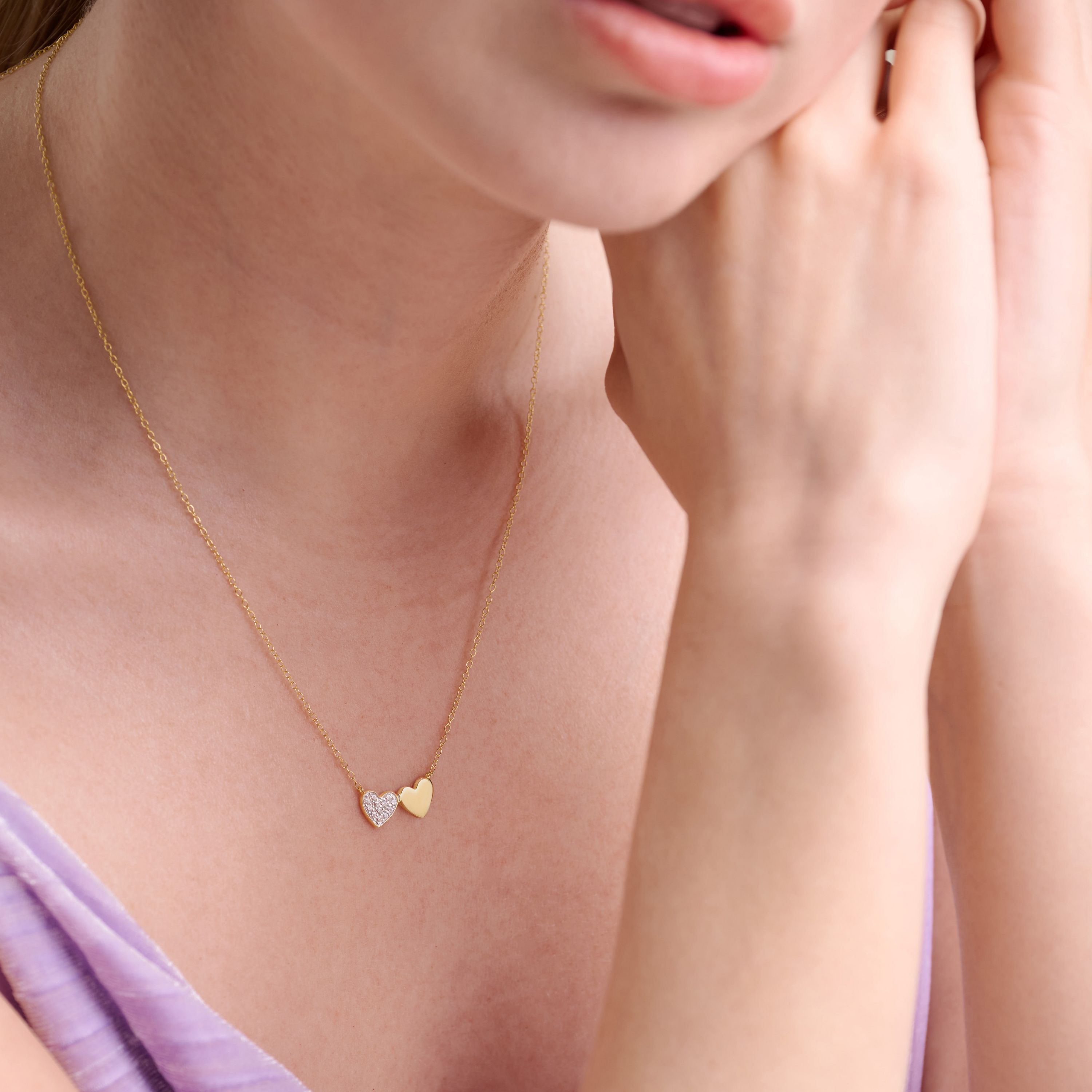 1/8 cttw Diamond Twin Heart Necklace in 14k Yellow Gold with 18" Rope Chain