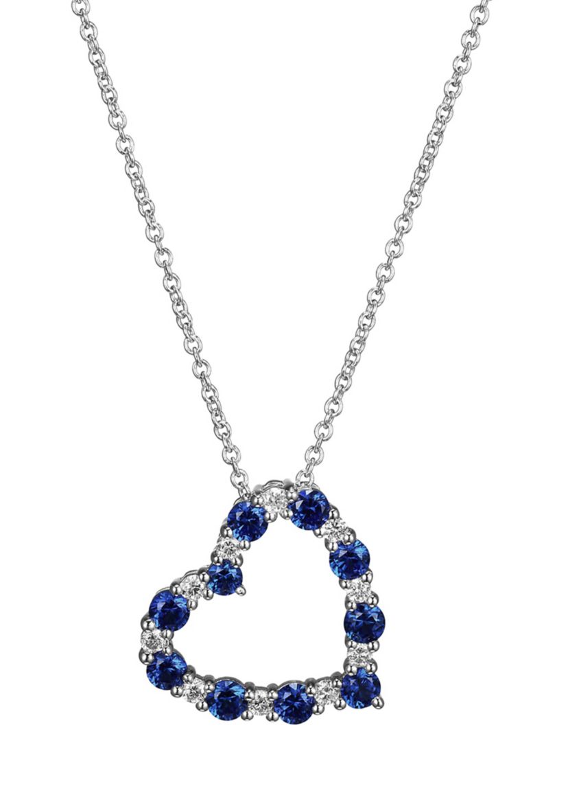 Lab Created Diamond and Gemstone Open Heart Pendant Necklace in Rhodium Plated Sterling Silver