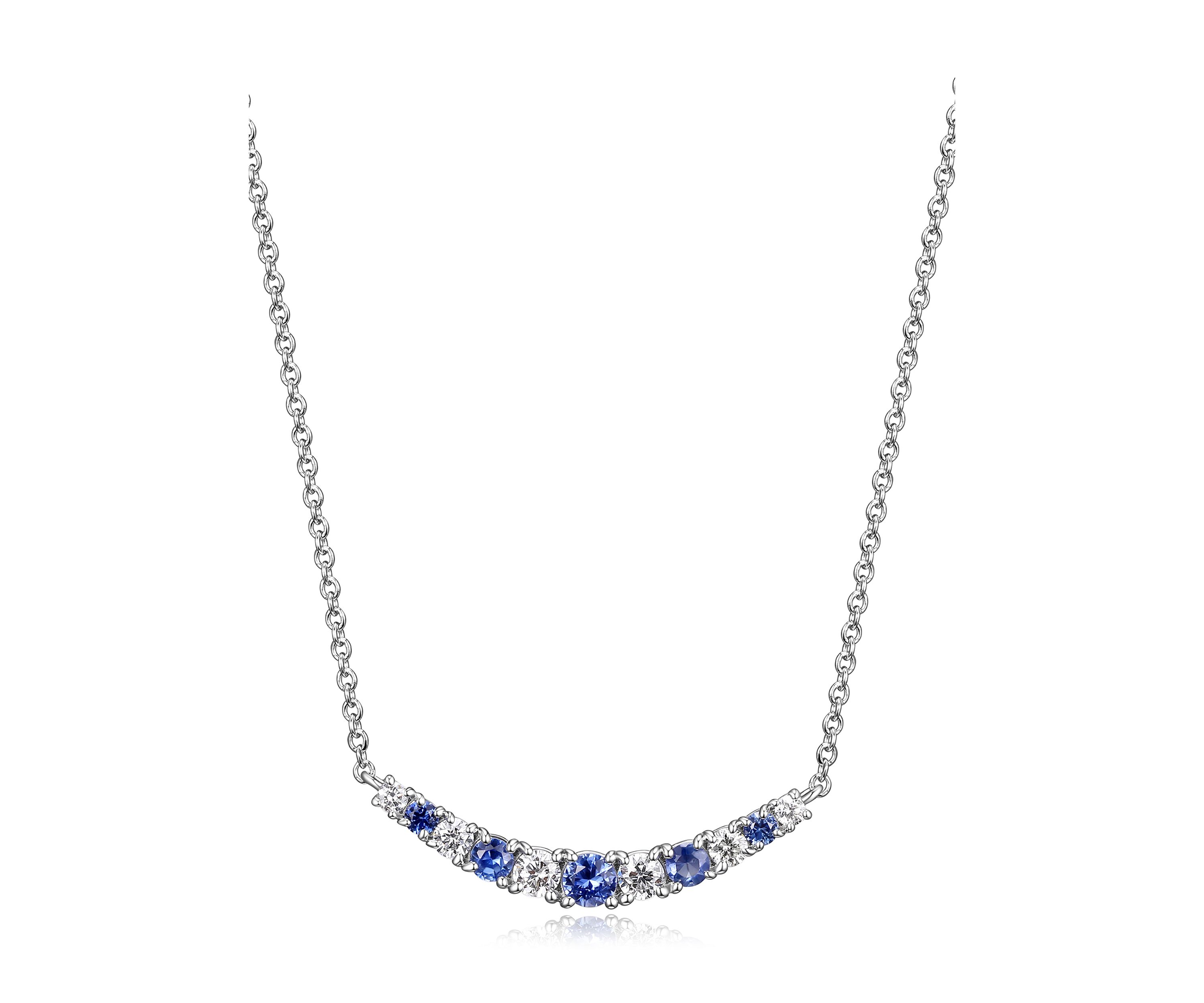 Lab Created Diamond and Gemstone Curved Cluster Bar Necklace in Rhodium Plated Sterling Silver