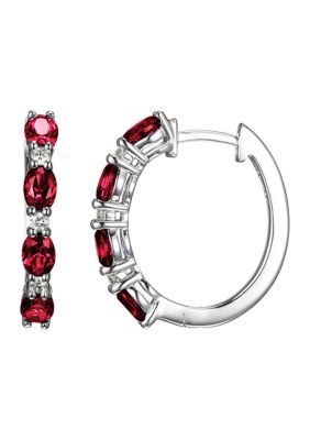 LuxLab Lab Created Lab Grown Diamond and Created Ruby, Emerald or Sapphire Rhodium Plated Sterling Silver Hoop Earrings