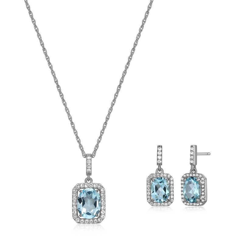 Created Blue and White Sapphire Halo Necklace and Earring Set in Sterling Silver