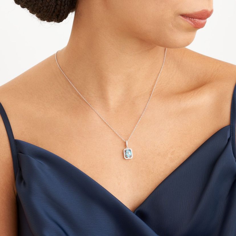 Created Blue and White Sapphire Halo Necklace and Earring Set in Sterling Silver