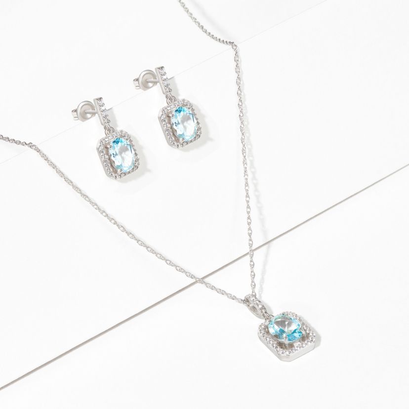 Created Blue and White Sapphire Halo Necklace and Earring Set in Sterling Silver