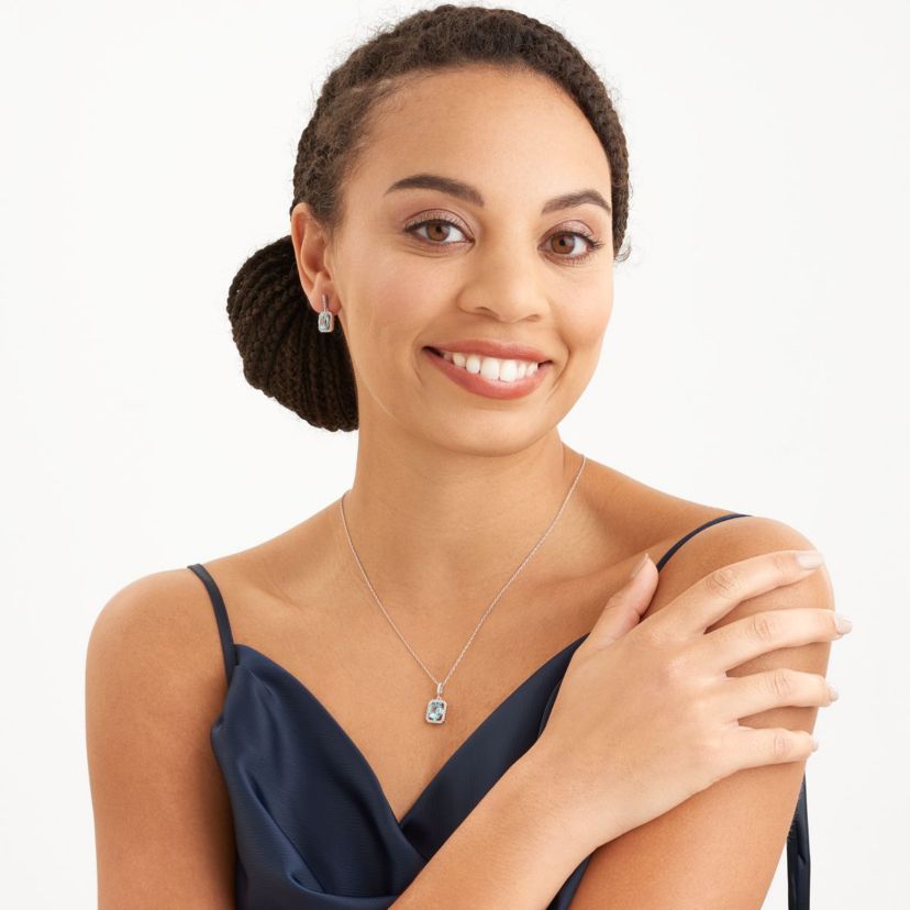 Created Blue and White Sapphire Halo Necklace and Earring Set in Sterling Silver