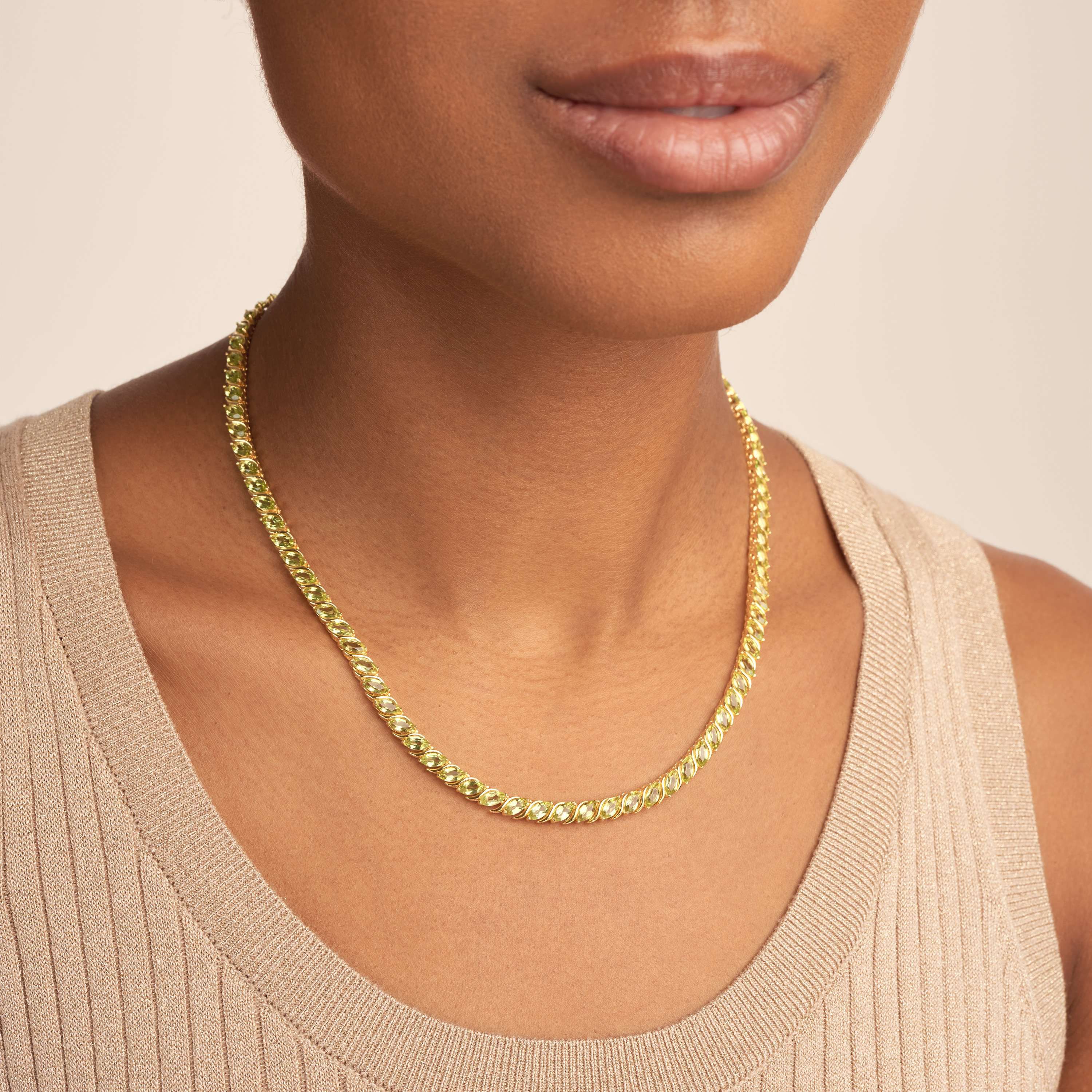 18 Karat Yellow Gold Plated Sterling Silver Genuine Gemstone Marquise Wave Tennis Necklace , 18 Inches