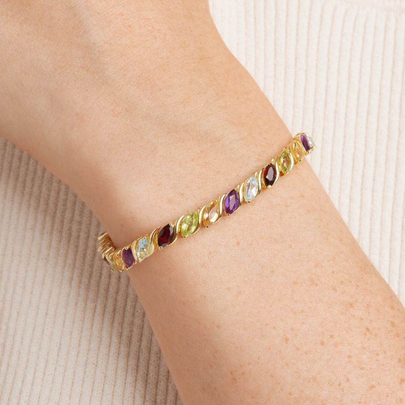 Genuine Gemstone Marquise Wave Tennis Bracelet in 18K Gold Plated Sterling Silver, 7.25"