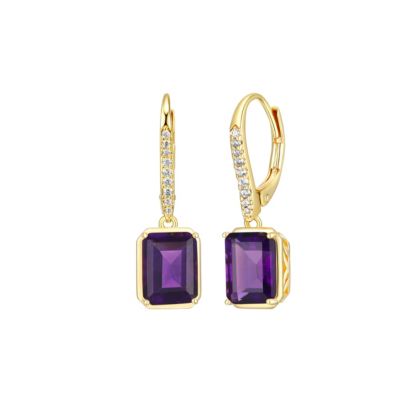 Emerald Cut Genuine Gemstones Leverback Earrings 18K Gold-plated Sterling Silver